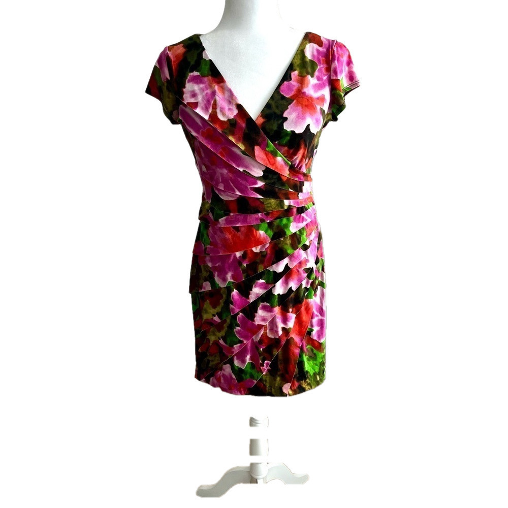 London Times Women's Pink and Green Floral Faux Wrap Dress, Size 4P
